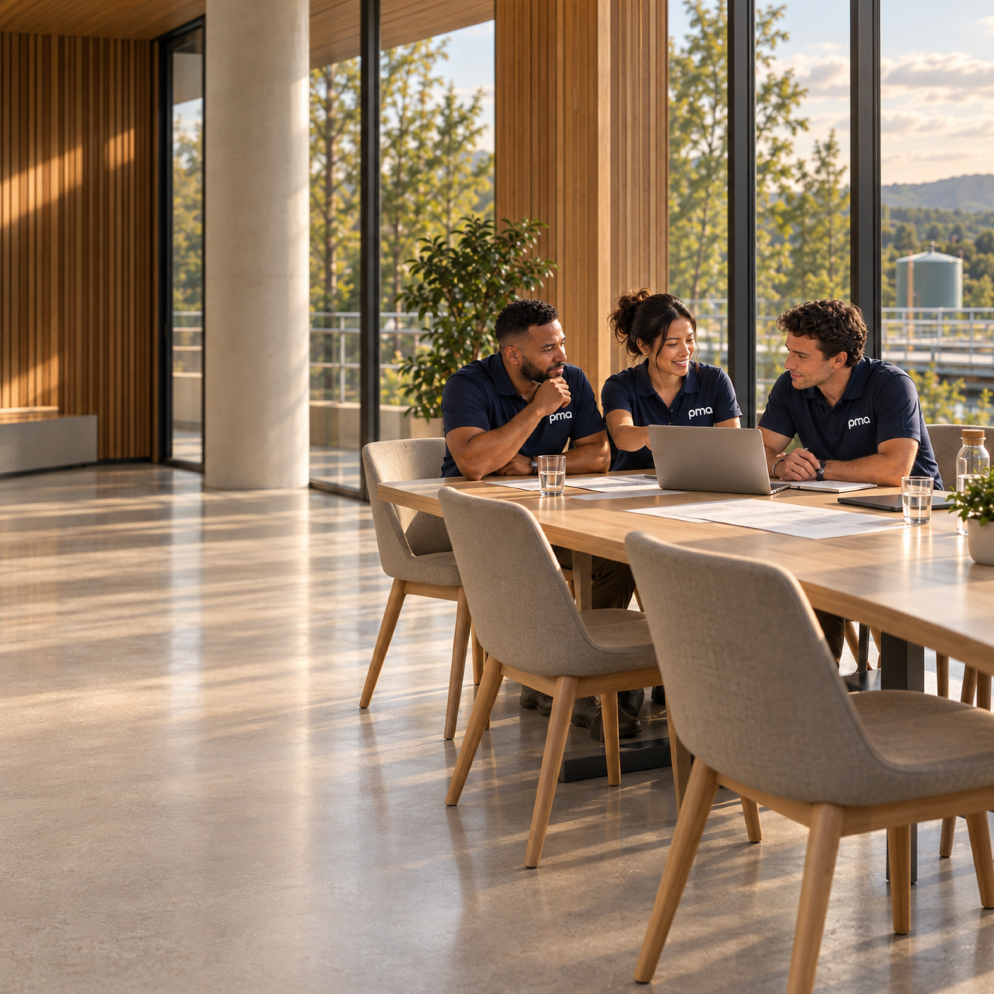 Equipo de ingeniería revisando planos alrededor de una mesa de reuniones.