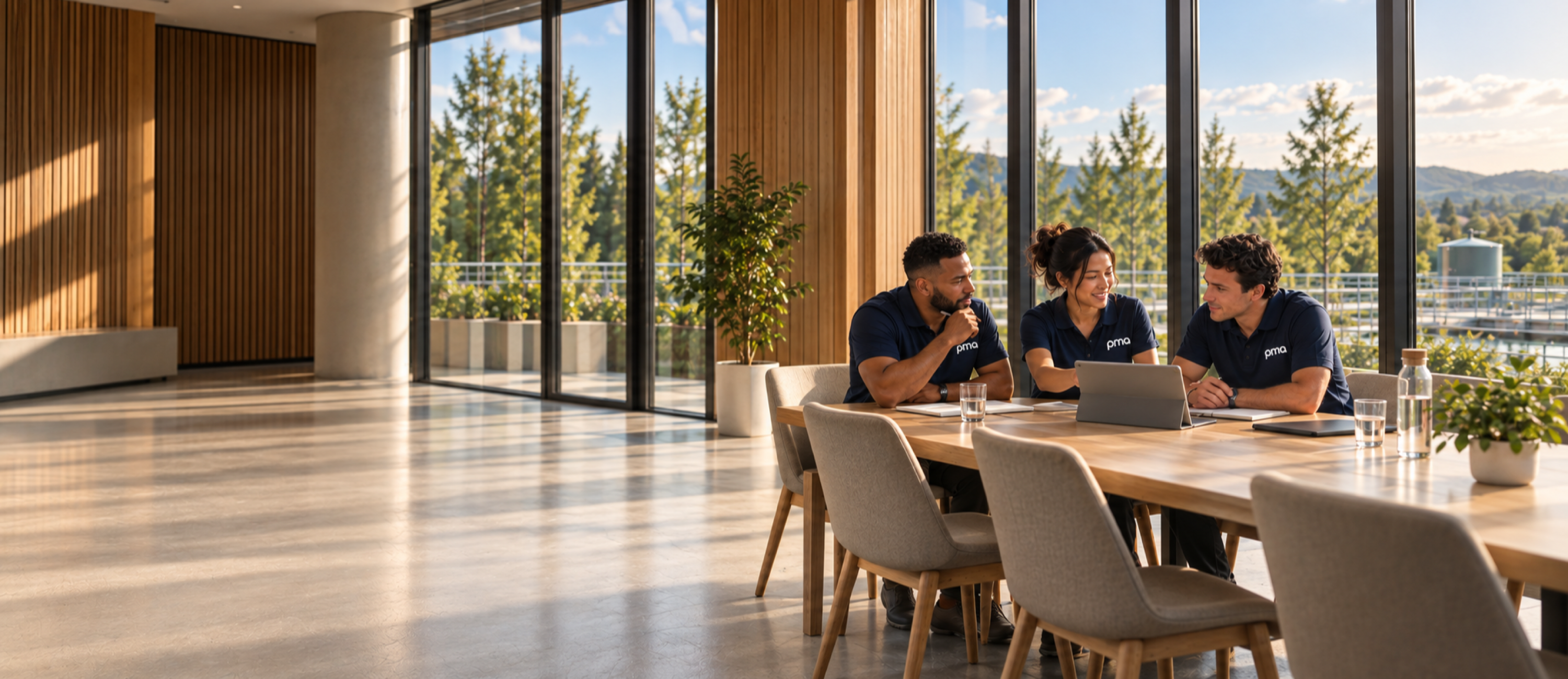 Equipo de ingeniería revisando planos alrededor de una mesa de reuniones.
