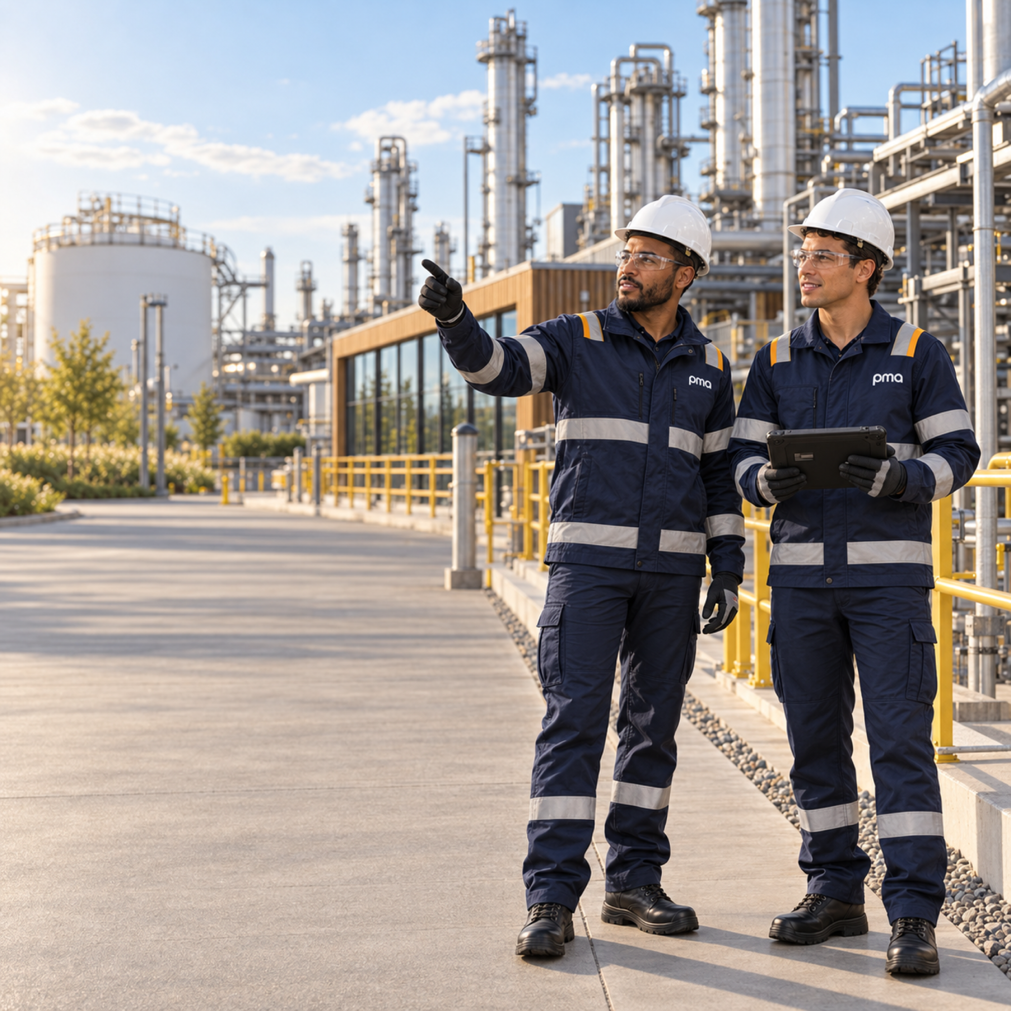 Ingenieros inspeccionando tuberías de proceso y tanques de una refinería.