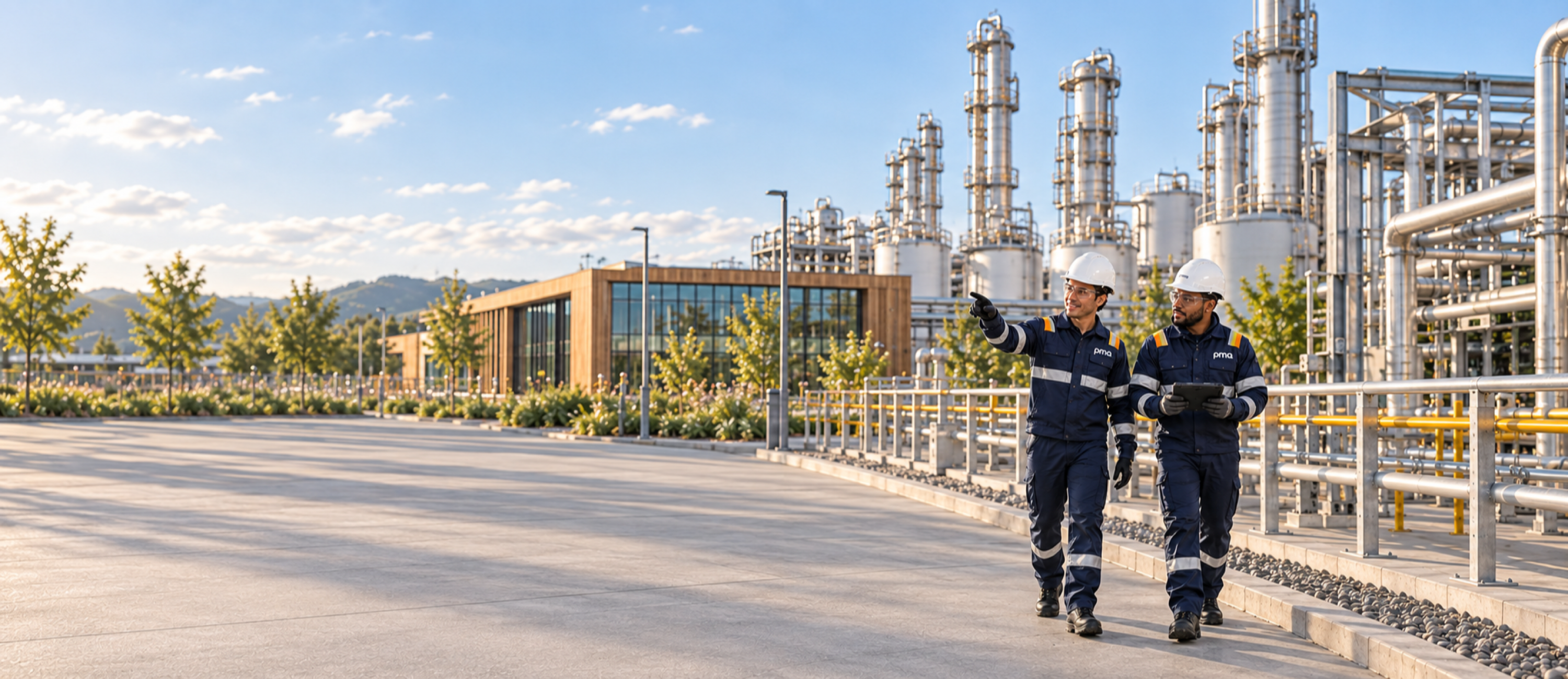 Engineers surveying process pipework and storage tanks at a refinery.