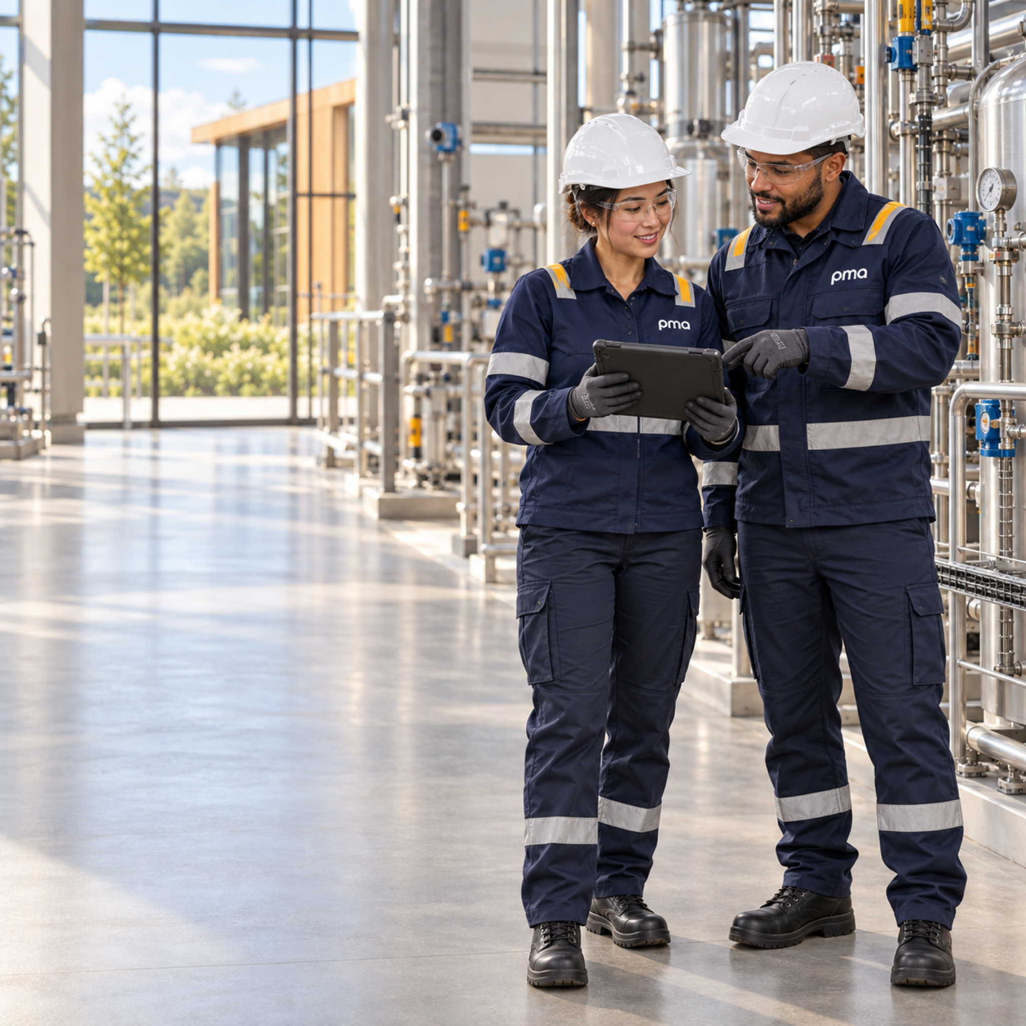 Ingenieros revisando información de proceso dentro de una planta química.