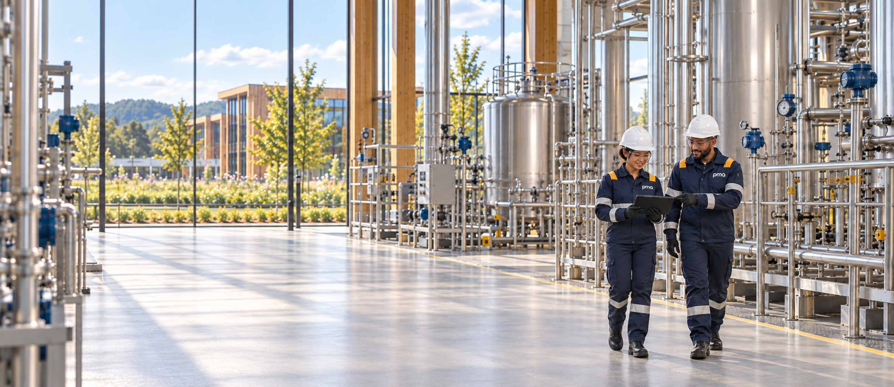 Engineers reviewing process information inside a chemical plant.