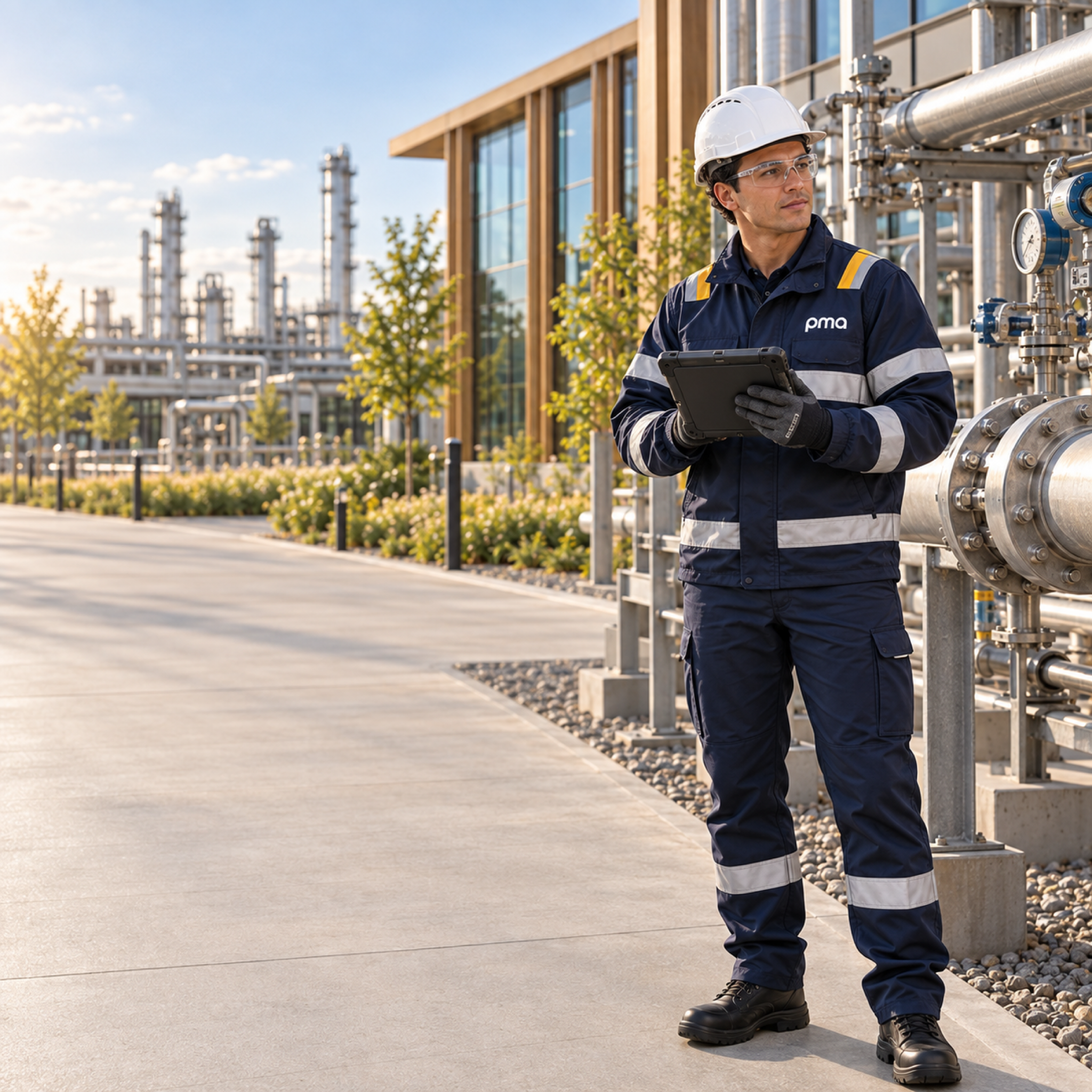 Ingeniero revisando datos de selección de válvulas junto a tuberías industriales.