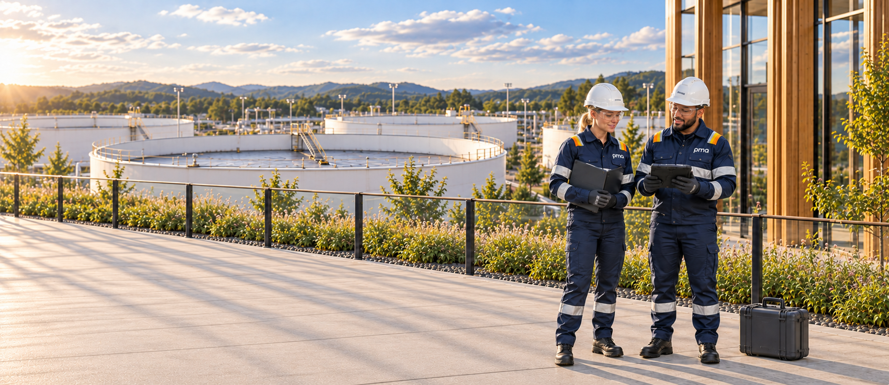 Engineers reviewing a tablet beside large floating roof storage tanks.