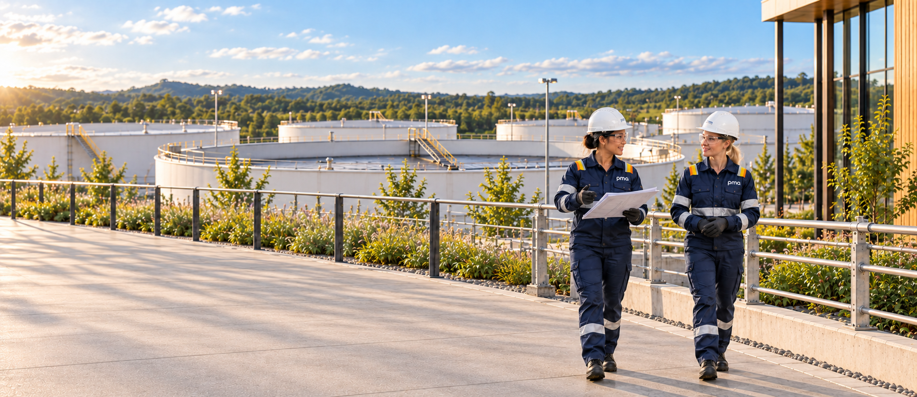 Engineers reviewing plans beside floating roof storage tanks.