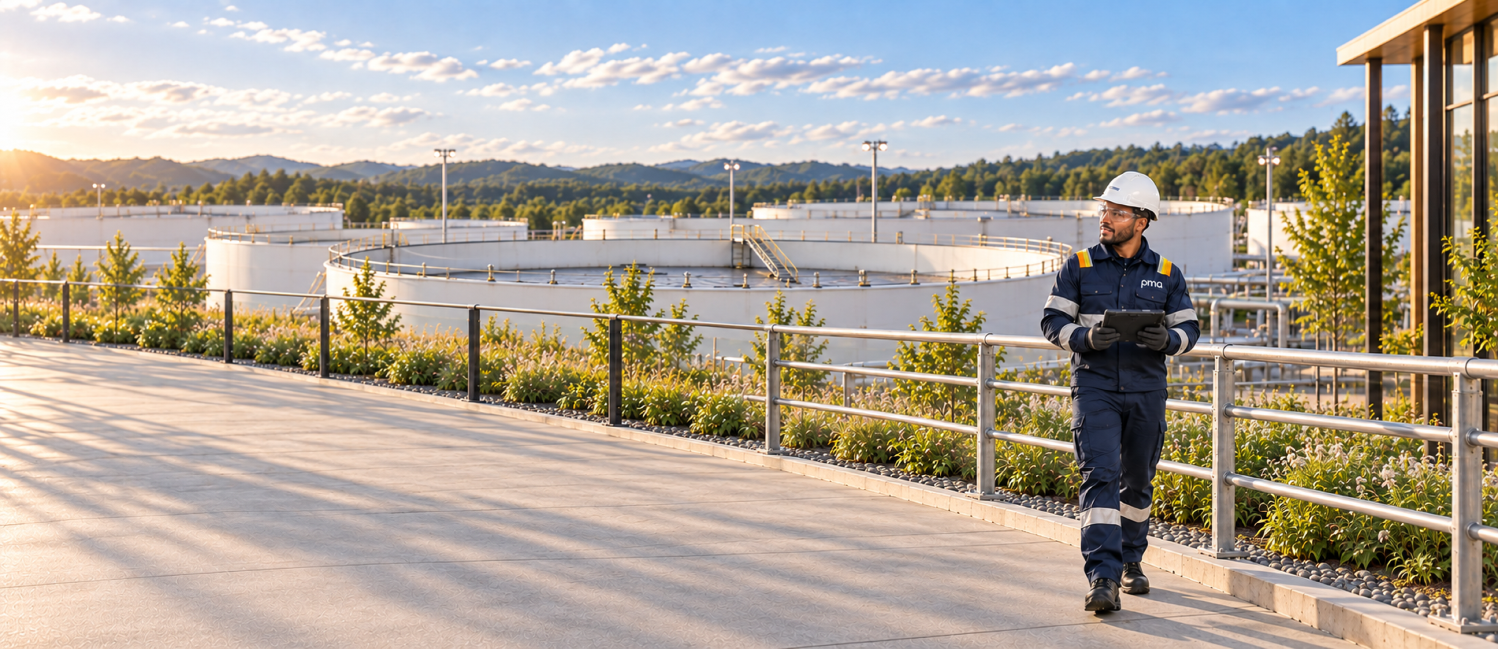 Engineer surveying floating roof storage tanks with a tablet.
