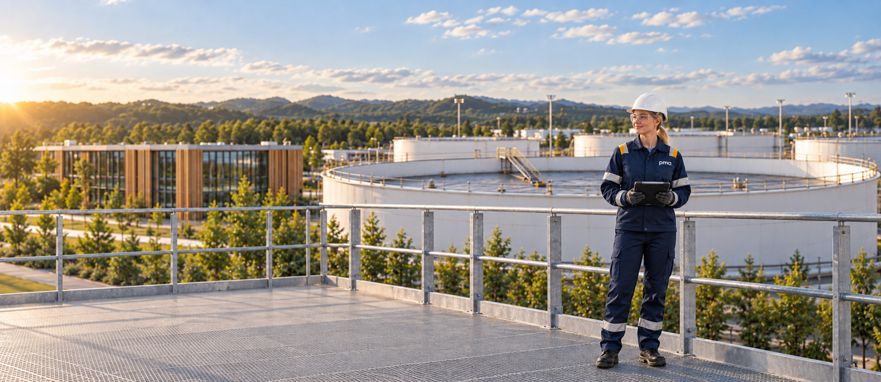 Engineer reviewing a tablet above a floating roof tank farm.
