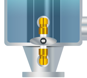 Illustration of the float and outlet inside a Belfield Valve body.