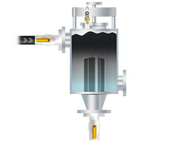 Illustration of the liquid interface approaching the float chamber of a Belfield Valve.